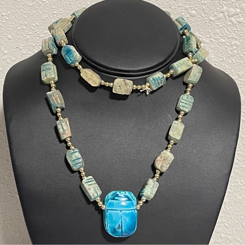Vintage Necklace Egyptian Revival Scarab Beetle Faience Soapstone Beaded - Picture 2 of 6